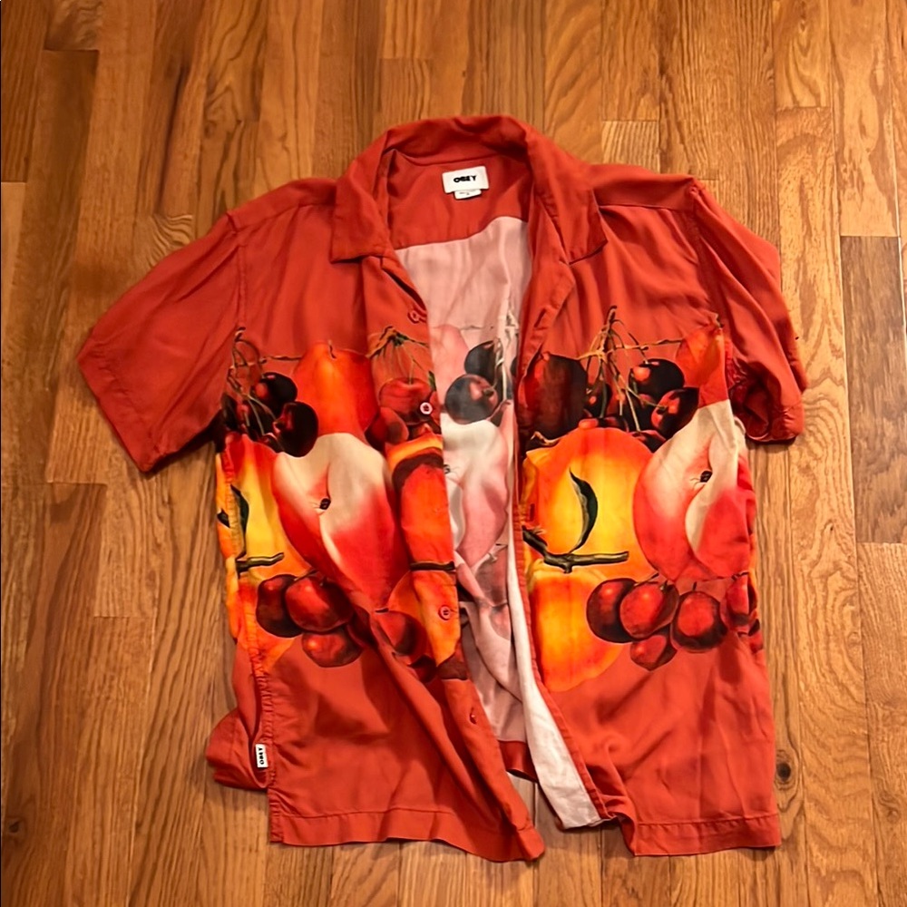 Obey Orange Fruit Print Casual Button Down Shirt